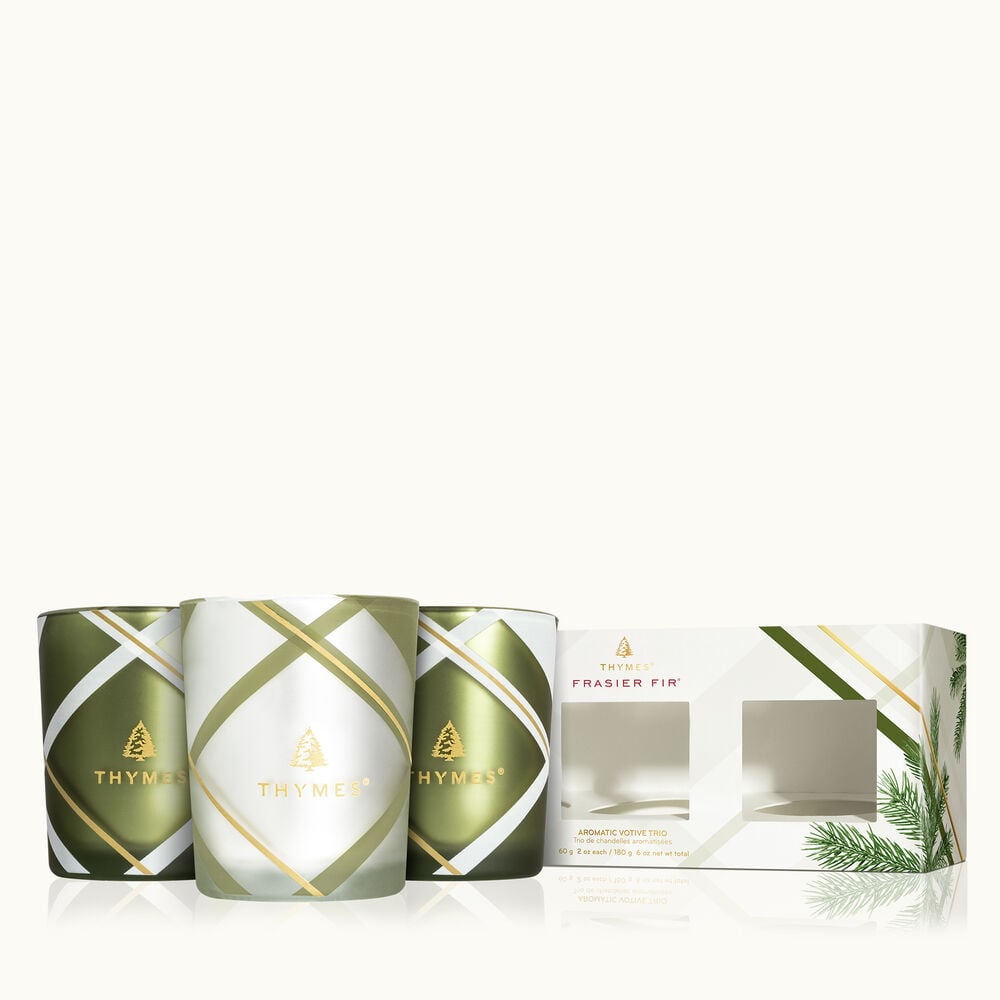 Thymes Frasier Fir Frosted Plaid Votive Candle Trio image number 0